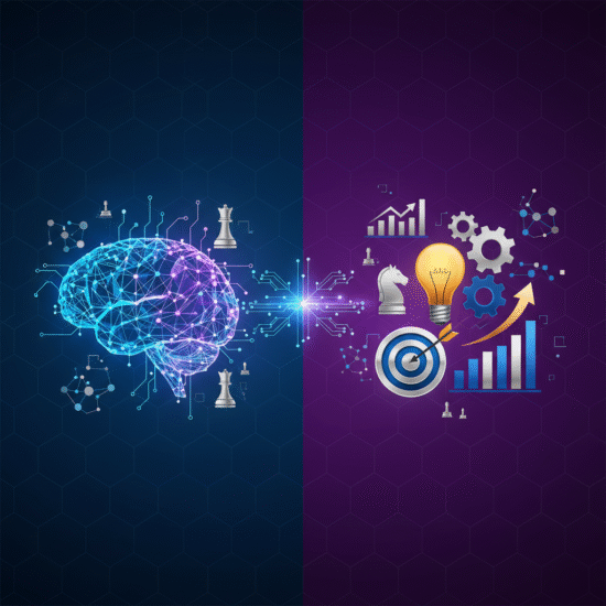 Professional illustration showing AI neural network connected to business problem-solving icons representing strategic product development for enterprise leaders